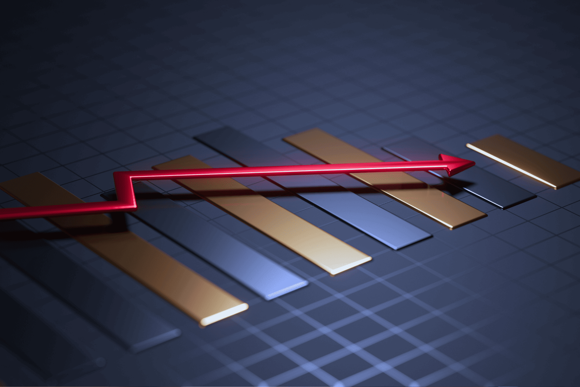 3D bar chart with a red arrow line indicating market decline.